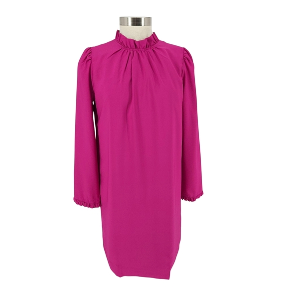 J. Crew Dresses & Skirts - J.CREW Shift Dress Magenta Pink Long Sleeve Ruffle Neck Zip Back 6